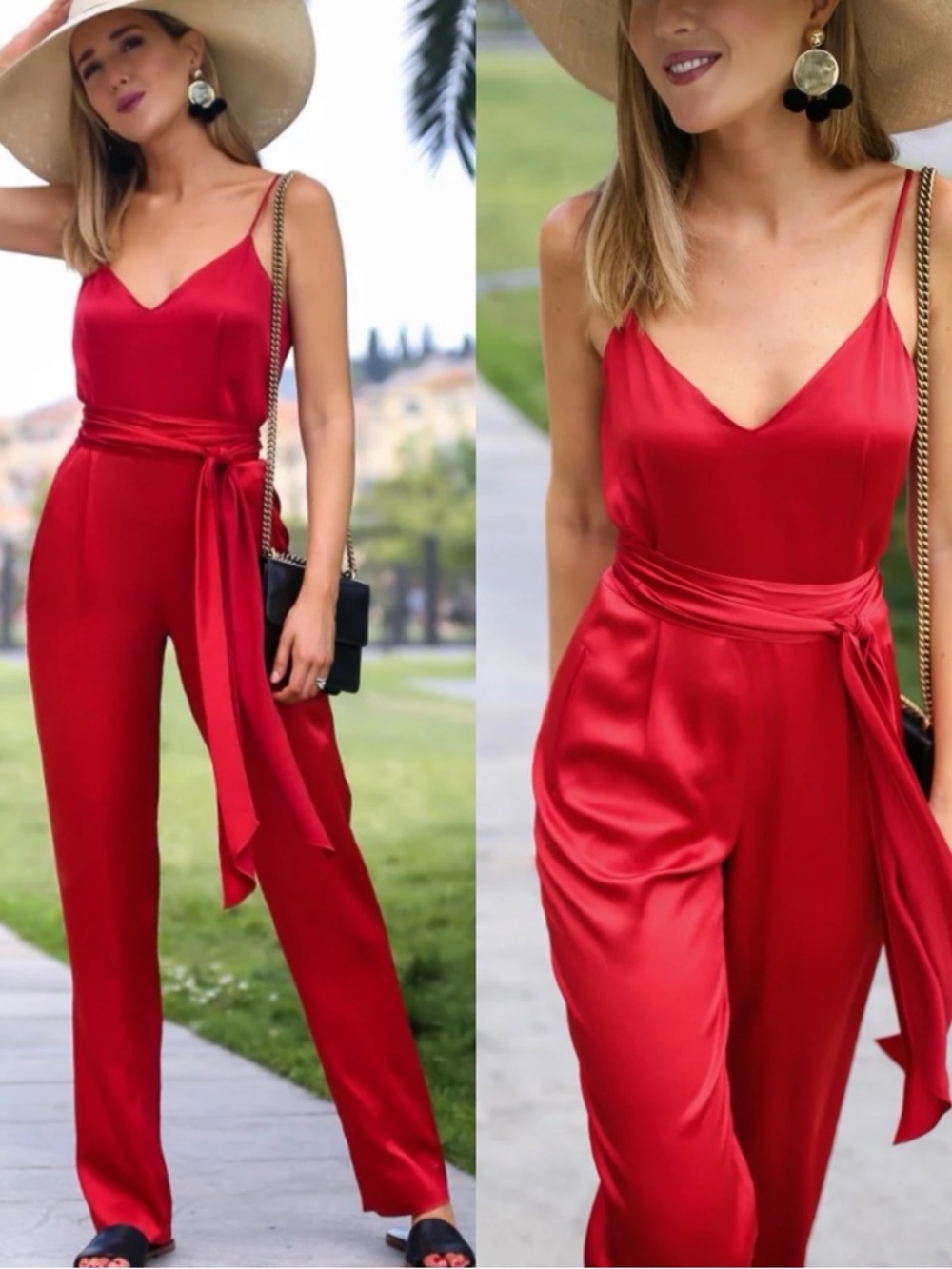 DIANNE VON FURSTENBERG Cinnabar Red Satin V-neck Jumpsuit